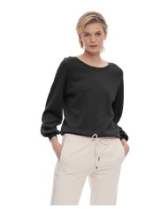 maglia nera da donna con maniche arricciate e blusanti a coste | KOCCA