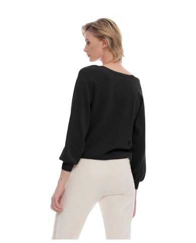 maglia nera da donna con maniche arricciate e blusanti a coste | KOCCA maglia nera da donna con maniche arricciate e blusanti a coste | KOCCA