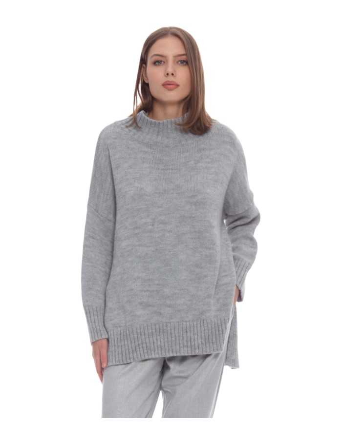 maglia grigio melange da donna a collo alto con coste | KOCCA maglia grigio melange da donna a collo alto con coste | KOCCA