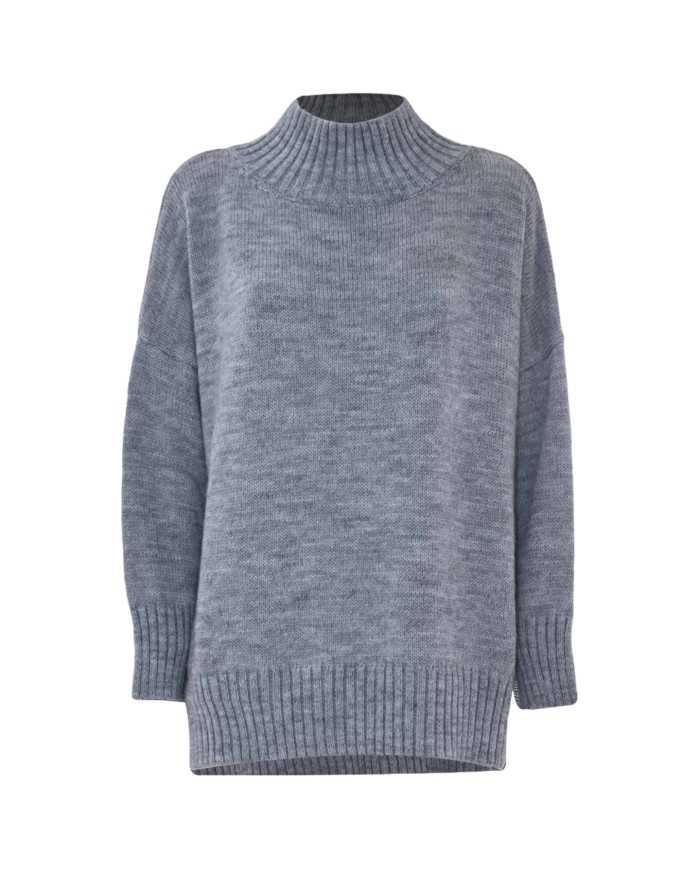 maglia grigio melange da donna a collo alto con coste | KOCCA