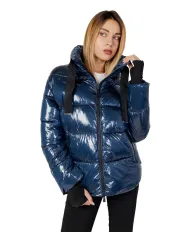 piumino petrolio da donna con logo su braccio e tag laterale | SUNS