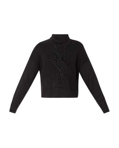 dolcevita nero da donna lavorato a trecce sul capo e perline | LIU JO