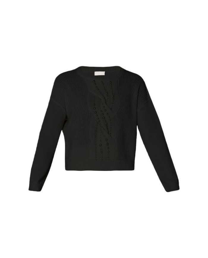 maglia nera donna con lavorazione a trecce e perline avanti | LIU JO maglia nera donna con lavorazione a trecce e perline avanti | LIU JO