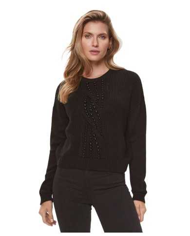 maglia nera donna con lavorazione a trecce e perline avanti | LIU JO