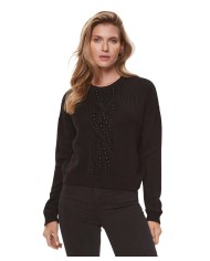 maglia nera donna con lavorazione a trecce e perline avanti | LIU JO