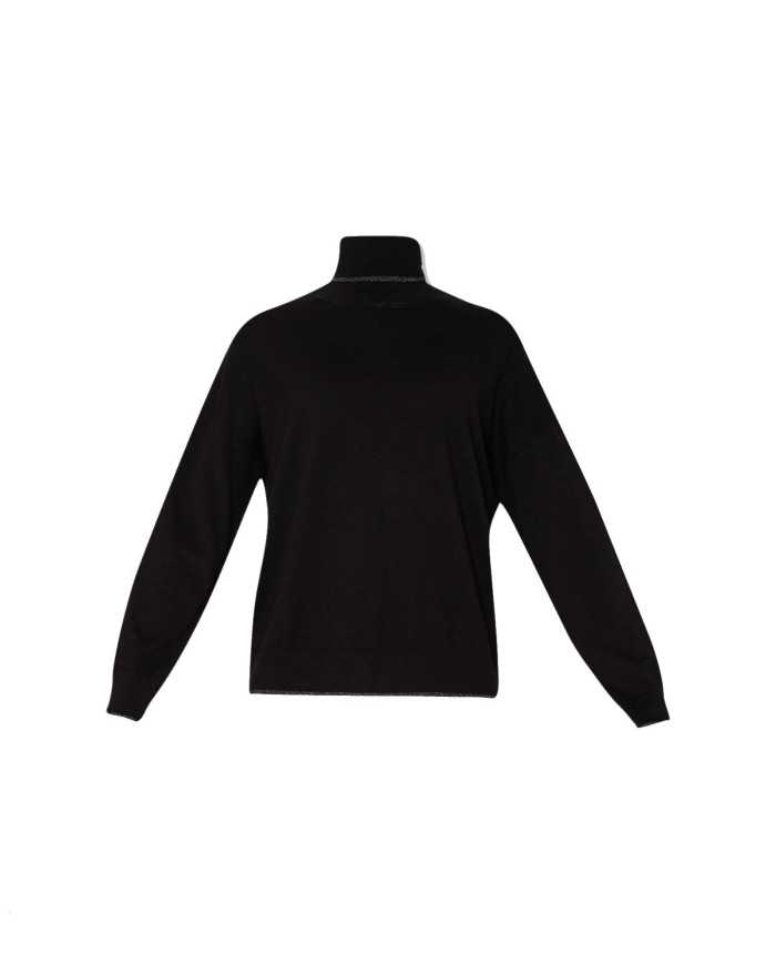 dolcevita nero da donna con bordi a costine e logo a strass | LIU JO dolcevita nero da donna con bordi a costine e logo a strass | LIU JO