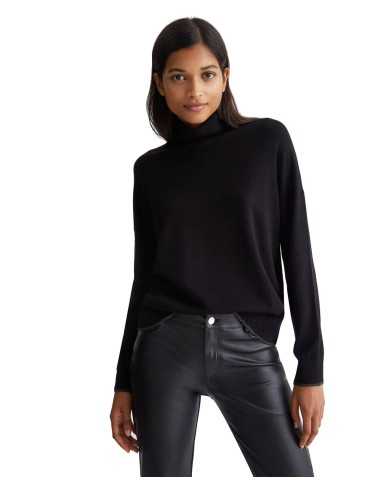 dolcevita nero da donna con bordi a costine e logo a strass | LIU JO