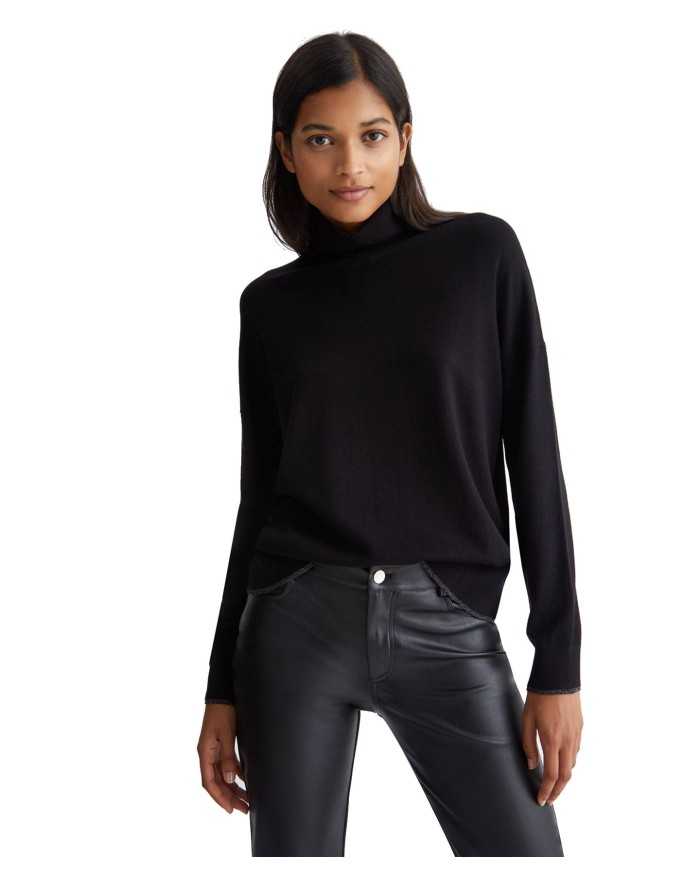 dolcevita nero da donna con bordi a costine e logo a strass | LIU JO dolcevita nero da donna con bordi a costine e logo a strass | LIU JO