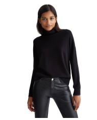 dolcevita nero da donna con bordi a costine e logo a strass | LIU JO