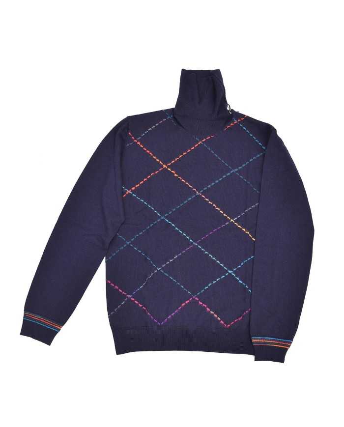 dolcevita blu da uomo con dettagli a righe ricamate in contrasto | BOB dolcevita blu da uomo con dettagli a righe ricamate in contrasto | BOB