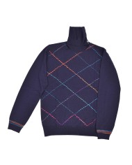 dolcevita blu da uomo con dettagli a righe ricamate in contrasto | BOB dolcevita blu da uomo con dettagli a righe ricamate in contrasto | BOB