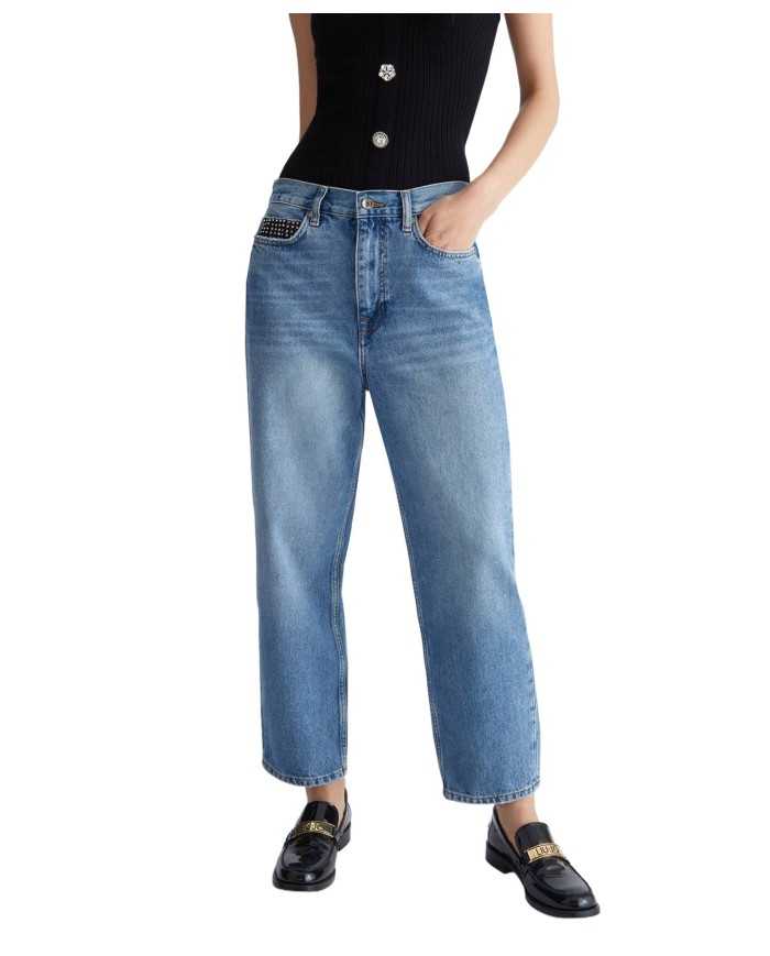 jeans cropped denim blue da donna con loghi e strass | LIU JO jeans cropped denim blue da donna con loghi e strass | LIU JO
