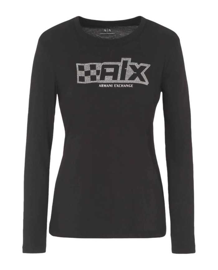 maglia nera da donna con logo strass su petto | ARMANI EXCHANGE maglia nera da donna con logo strass su petto | ARMANI EXCHANGE