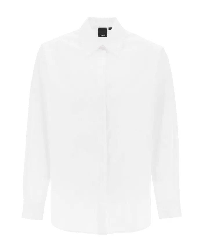 Camicia donna bianca con ricamo logo con polsini a fondo | PINKO Camicia donna bianca con ricamo logo con polsini a fondo | PINKO