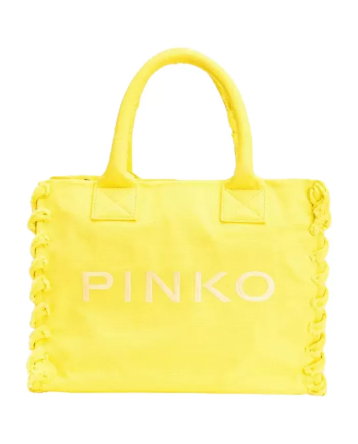 Borsa donna rosa in cavans di cotone riciclato con ricamo logo | PINKO Borsa donna rosa in cavans di cotone riciclato con ricamo logo | PINKO