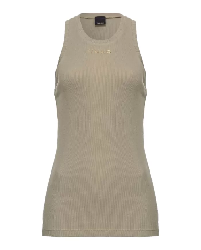 Canotta donna verde a costine con logo pinko su petto | PINKO Canotta donna verde a costine con logo pinko su petto | PINKO