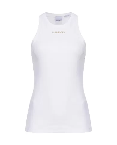 Canotta donna bianca a costine con logo pinko su petto | PINKO Canotta donna bianca a costine con logo pinko su petto | PINKO