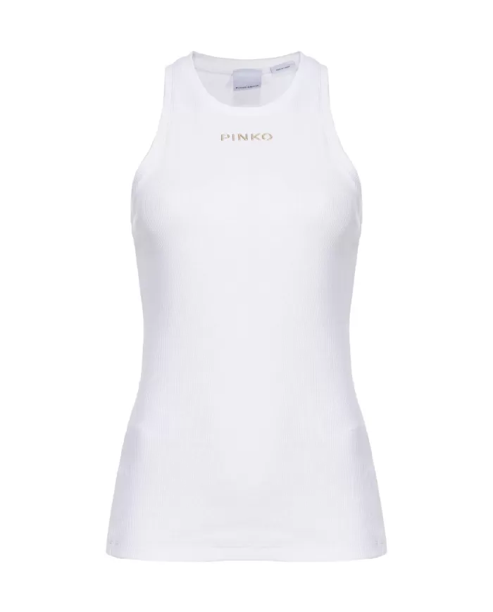 Canotta donna bianca a costine con logo pinko su petto | PINKO Canotta donna bianca a costine con logo pinko su petto | PINKO