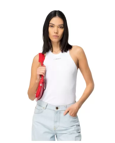 Canotta donna bianca a costine con logo pinko su petto | PINKO Canotta donna bianca a costine con logo pinko su petto | PINKO
