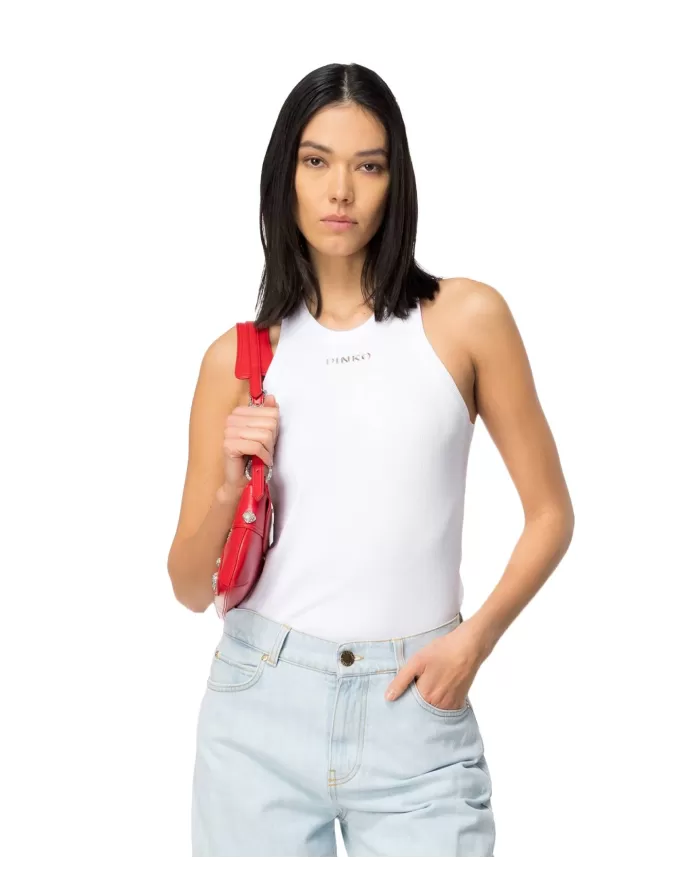 Canotta donna bianca a costine con logo pinko su petto | PINKO Canotta donna bianca a costine con logo pinko su petto | PINKO
