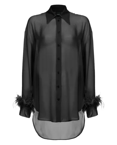 Camicia donna nera in georgette con piume sui polsi | PINKO Camicia donna nera in georgette con piume sui polsi | PINKO