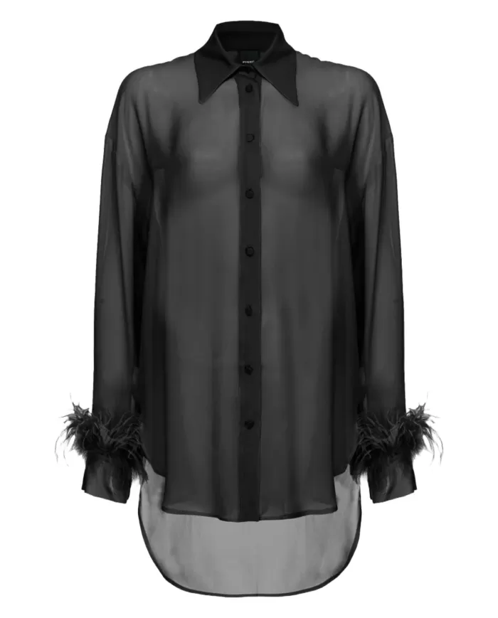 Camicia donna nera in georgette con piume sui polsi | PINKO Camicia donna nera in georgette con piume sui polsi | PINKO