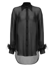 Camicia donna nera in georgette con piume sui polsi | PINKO