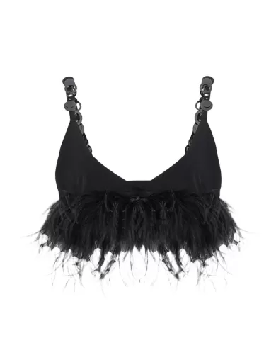 Top donna nera con piume in fondo e spalline con paillettes | PINKO