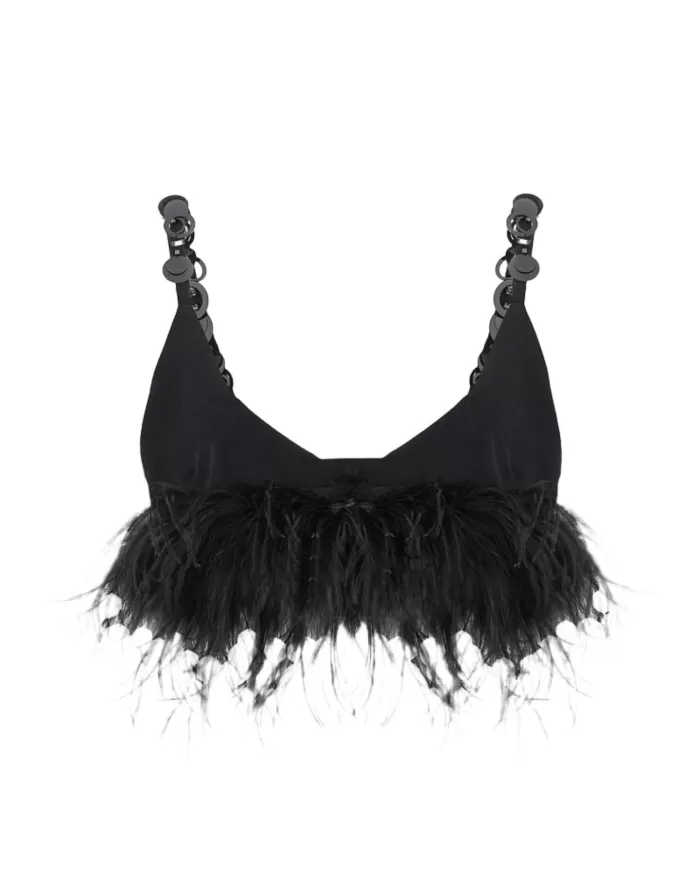 Top donna nera con piume in fondo e spalline con paillettes | PINKO Top donna nera con piume in fondo e spalline con paillettes | PINKO
