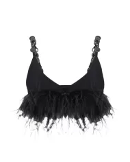 Top donna nera con piume in fondo e spalline con paillettes | PINKO Top donna nera con piume in fondo e spalline con paillettes | PINKO