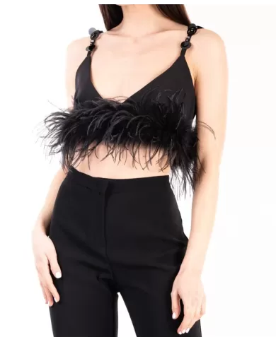 Top donna nera con piume in fondo e spalline con paillettes | PINKO
