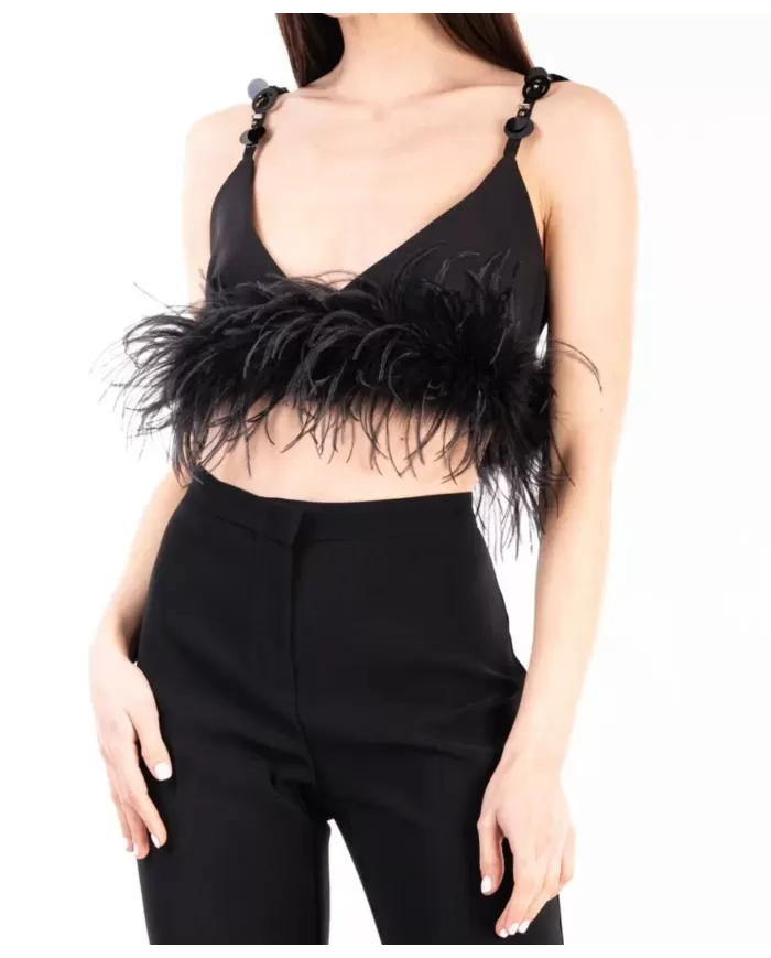 Top donna nera con piume in fondo e spalline con paillettes | PINKO Top donna nera con piume in fondo e spalline con paillettes | PINKO