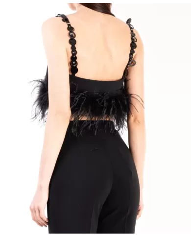 Top donna nera con piume in fondo e spalline con paillettes | PINKO