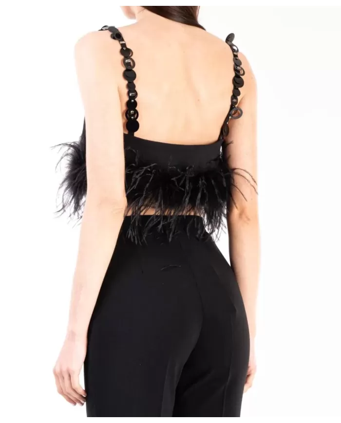Top donna nera con piume in fondo e spalline con paillettes | PINKO Top donna nera con piume in fondo e spalline con paillettes | PINKO