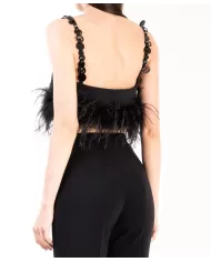 Top donna nera con piume in fondo e spalline con paillettes | PINKO Top donna nera con piume in fondo e spalline con paillettes | PINKO