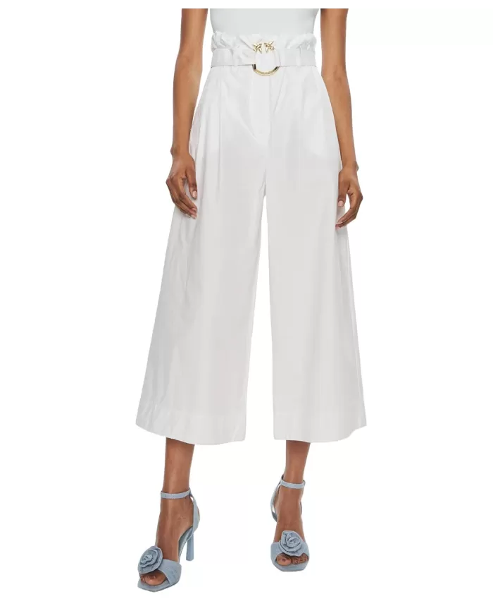 Pantaloni donna bianco in cotone con cintura abbinata | PINKO Pantaloni donna bianco in cotone con cintura abbinata | PINKO