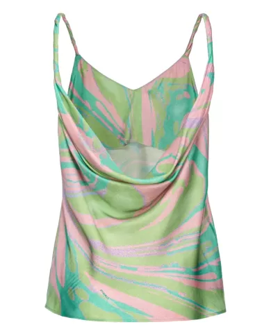 Top donna in satin multi verde e rosa con stampa a splash | PINKO
