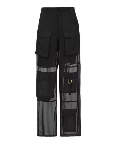 Pantaloni donna nero limousine con georgette semitrasparente | PINKO