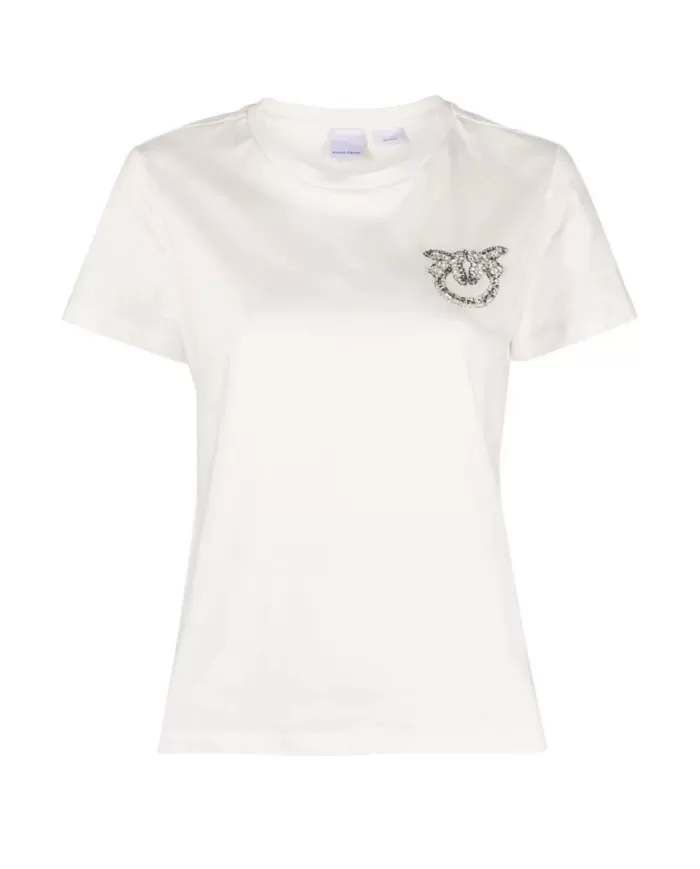 T shirt Manica Corta Donna PINKO Bianco Con Ricamo Gioiello LOVEBIRDS
