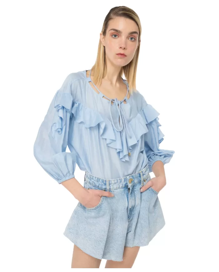 Blusa donna PINKO blu placido con maxi volant | PINKO Blusa donna PINKO blu placido con maxi volant | PINKO