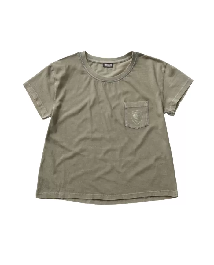 T-shirt Donna BLAUER Verde Siepe Con Taschino E Logo Stampato T-shirt Donna BLAUER Verde Siepe Con Taschino E Logo Stampato