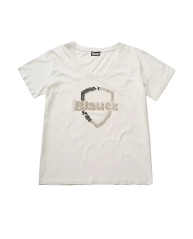 T-shirt donna bianco neve con logo decorato con paillettes | BLAUER T-shirt donna bianco neve con logo decorato con paillettes | BLAUER