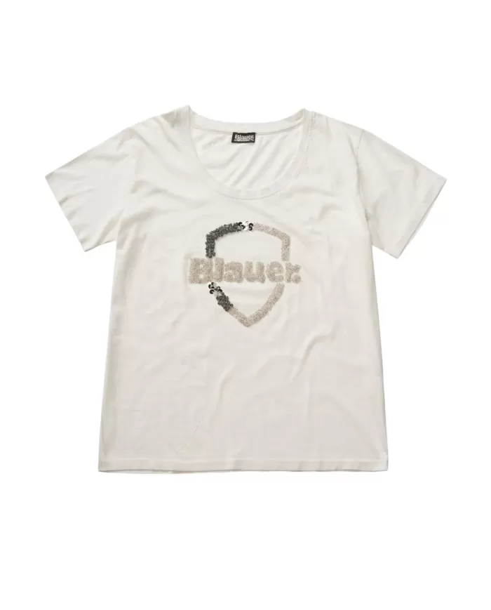 T-shirt donna bianco neve con logo decorato con paillettes | BLAUER T-shirt donna bianco neve con logo decorato con paillettes | BLAUER