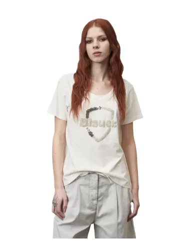 T-shirt donna bianco neve con logo decorato con paillettes | BLAUER T-shirt donna bianco neve con logo decorato con paillettes | BLAUER