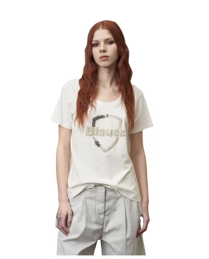 T-shirt donna bianco neve con logo decorato con paillettes | BLAUER T-shirt donna bianco neve con logo decorato con paillettes | BLAUER