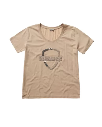 T-shirt donna vasellame con logo decorato con paillettes | BLAUER T-shirt donna vasellame con logo decorato con paillettes | BLAUER