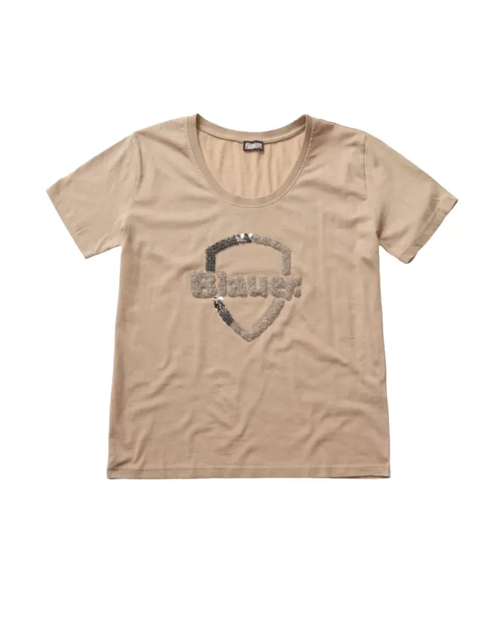 T-shirt donna vasellame con logo decorato con paillettes | BLAUER T-shirt donna vasellame con logo decorato con paillettes | BLAUER