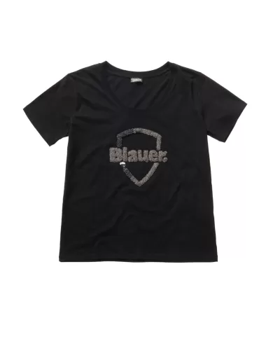 T-shirt donna nera con logo decorato con paillettes | BLAUER T-shirt donna nera con logo decorato con paillettes | BLAUER