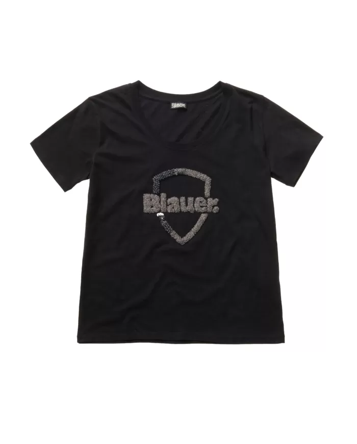 T-shirt donna nera con logo decorato con paillettes | BLAUER T-shirt donna nera con logo decorato con paillettes | BLAUER
