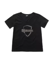 T-shirt donna nera con logo decorato con paillettes | BLAUER